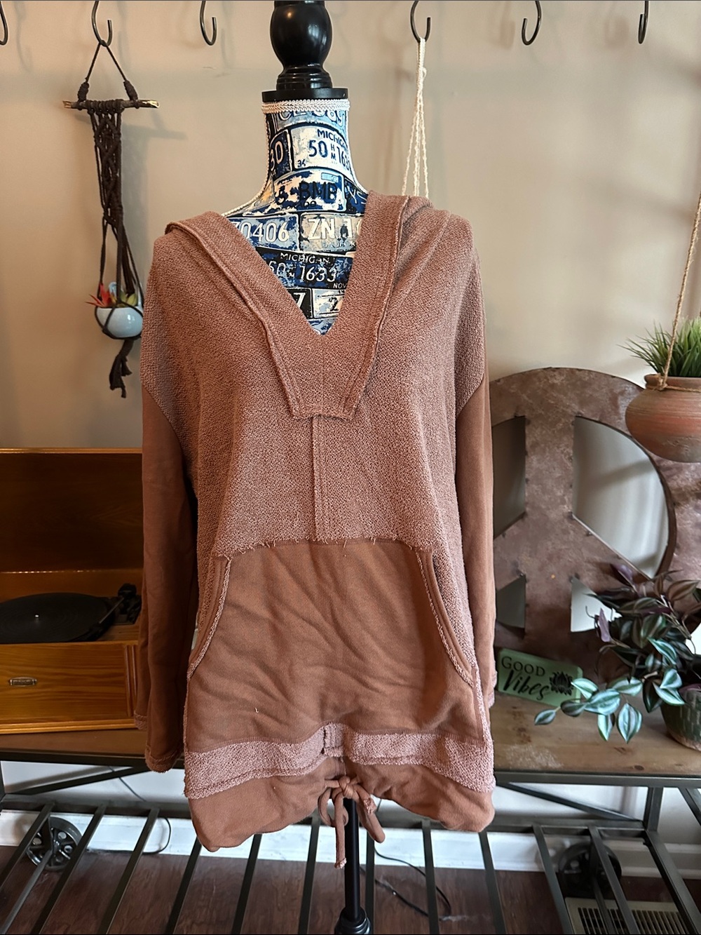 Free People Rust Brown Hooded V-Neck Pullover